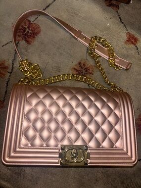 Source Unknown Quilted Metallic Jelly Rose Gold Crossbody with Gold Chain